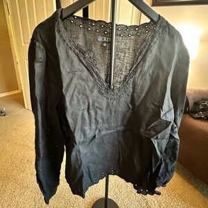 J. Crew Black Eyelet V-Neck Blouse